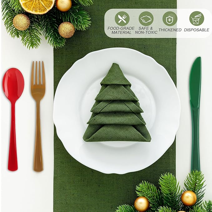 300 Pieces Christmas Plastic Silverware Heavy Duty Plastic Cutlery Set Heavyweight Disposable Flatware Includes Christmas Spoons Forks Knifes for Christmas New Year Party