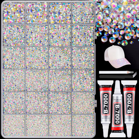25000Pcs Resin Rhinestones with B7000 Jewelry Glue for Crafting, Transparent AB 2-6mm Non Hotfix Flatback Gems, Bedazzling Crystal for DIY Crafts Clothing Tumblers Mugs Shoes Fabric Decor Nail Art-BrightBean Baby