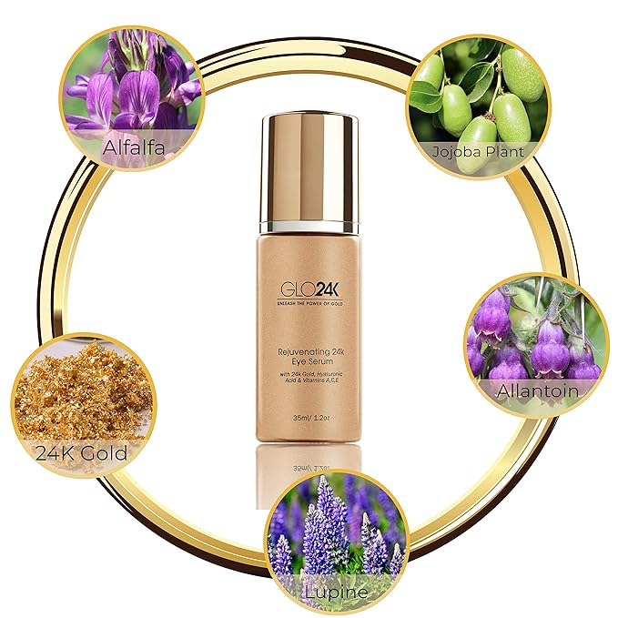 GLO24K Eye Serum with 24k Gold, Hyaluronic Acid, and Vitamins A,C,E. Potent Formula for the delicate skin around the eyes.-BrightBean Baby