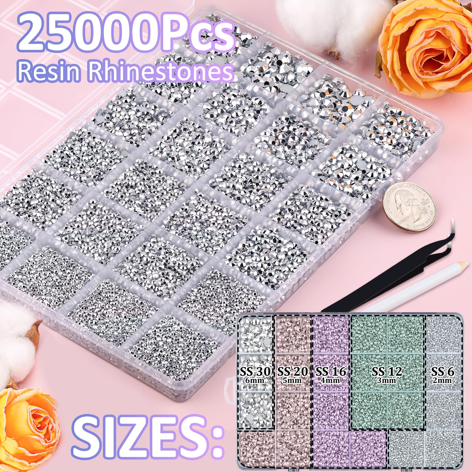 25000Pcs Resin Rhinestones with Tweezers for Crafting, Silver 2-6mm Mixed Sizes Non Hotfix Flatback Gems, Bedazzling Crystal for DIY Craft Clothing Mugs Tumblers Shoes Fabric Decor Nail Art-BrightBean Baby