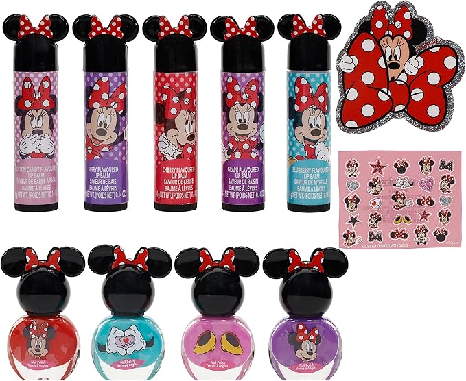 Townley Girl Disney Minnie Mouse Sparkly Cosmetic Makeup Set for Girls with Lip Balm Nail Polish Nail Stickers-35 Pcs|Perfect for Parties Sleepovers Makeovers|Birthday Gift for Girls above 3 Yrs, Kid-BrightBean Baby