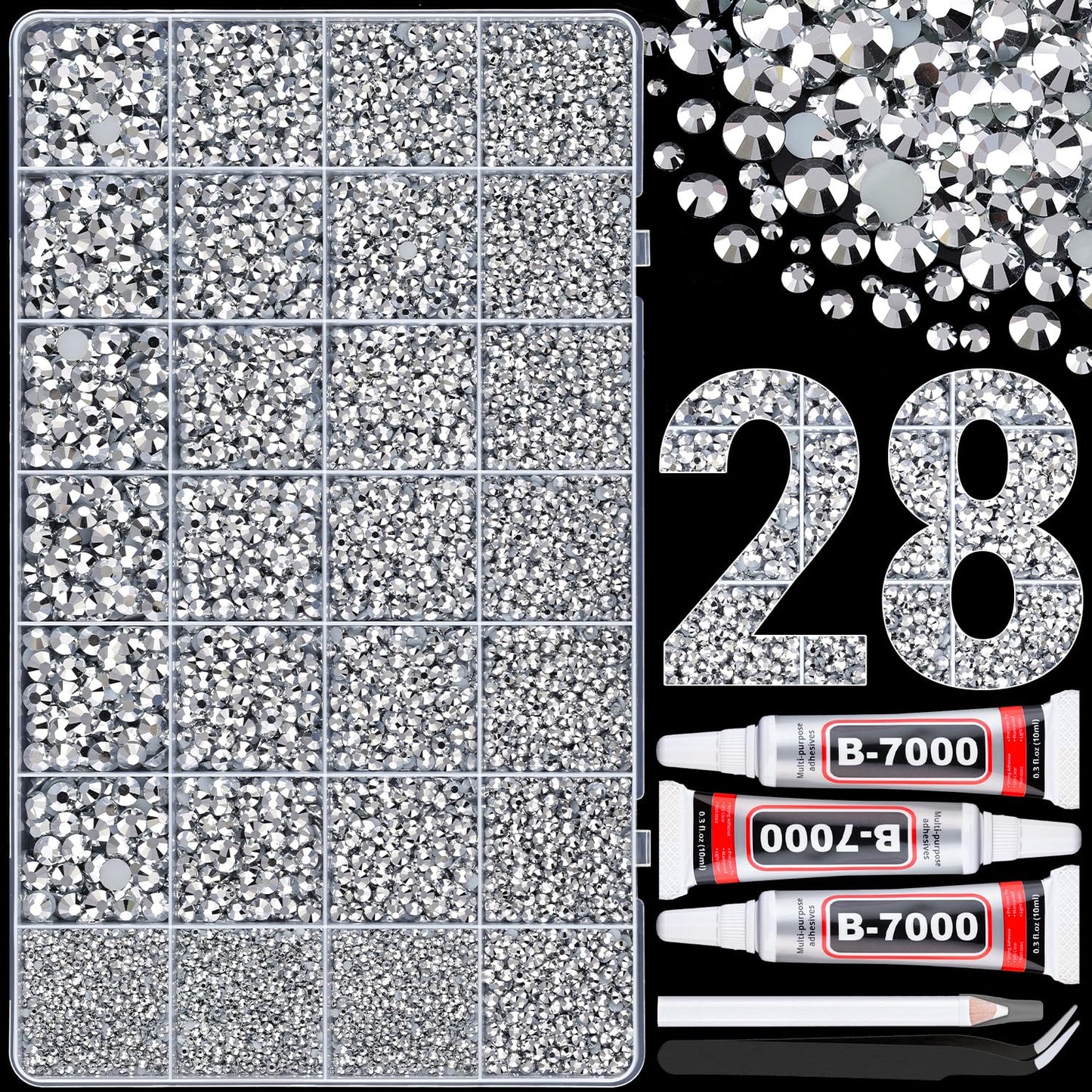 30000Pcs Resin Rhinestones for Bedazzling with 3Pcs B7000 Jewelry Glue, Silver Flatback Gems Rhinestones for Crafting, Clothing Tumblers Mugs Shoes Fabric Decor Nail Art-BrightBean Baby