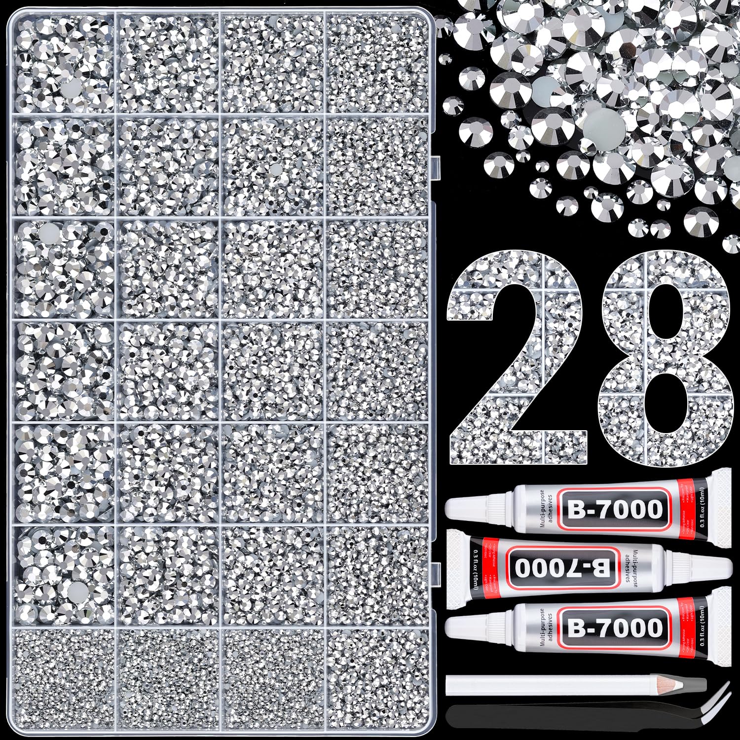 30000Pcs Resin Rhinestones for Bedazzling with 3Pcs B7000 Jewelry Glue, Silver Flatback Gems Rhinestones for Crafting, Clothing Tumblers Mugs Shoes Fabric Decor Nail Art-BrightBean Baby