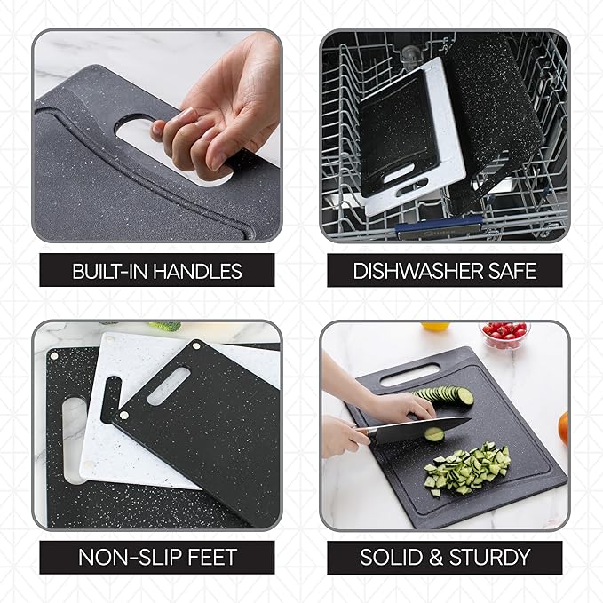 COOK WITH COLOR Non-Slip Cutting Board Set – Kitchen Essentials with Easy Grip Handle for Meat, Veggies, and Fruits, 3 Cutting Boards, Black/White