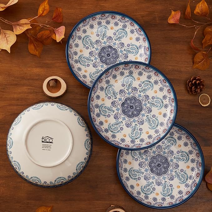 Bico Blue Talavera Pasta Bowls, 35oz Salad Bowl Set of 4, Large Ceramic Serving Dinner Bowls for Soup and Cereal, Microwave and Dishwasher Safe, Gift for Housewarming and Thanksgiving