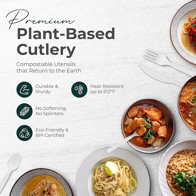 100% Compostable Forks 500 Large biodegradable forks Disposable Compostable Cutlery Silverware Utensils durable and heat resistant alternative to plastic forks with convenient tray by KOALALOVE