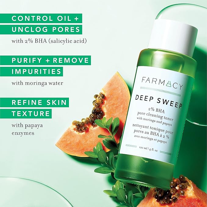 Farmacy 2% Salicylic Acid Toner for Face - Deep Sweep Gentle BHA Exfoliant for Oily Skin - Refines Texture with Papaya Enzymes & Moringa Water for a Healthy-Looking Complexion (100ml)-BrightBean Baby