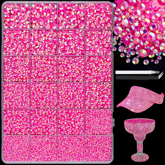 25000Pcs Resin Jelly Rhinestones with Tweezers for Crafting, 2-6mm Mixed Sizes (Hot Pink AB) Non Hotfix Flatback Gems, Bedazzling Crystal for DIY Crafts Clothing Tumblers Mugs Shoes Decor Nail Art-BrightBean Baby
