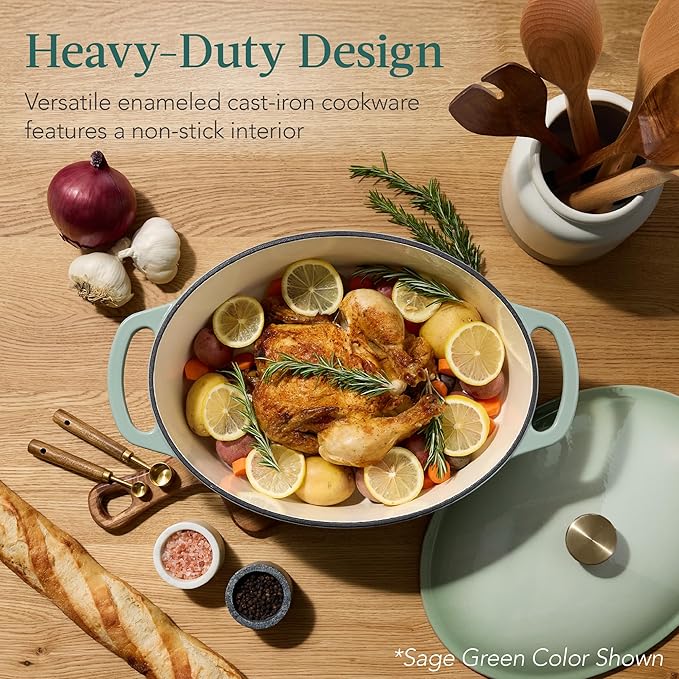 Best Choice Products Oval 7.5 Quart Enamel Cast-Iron Dutch Oven, Heavy-Duty Pre-Seasoned for Baking, Cooking w/Side Handles – Blue