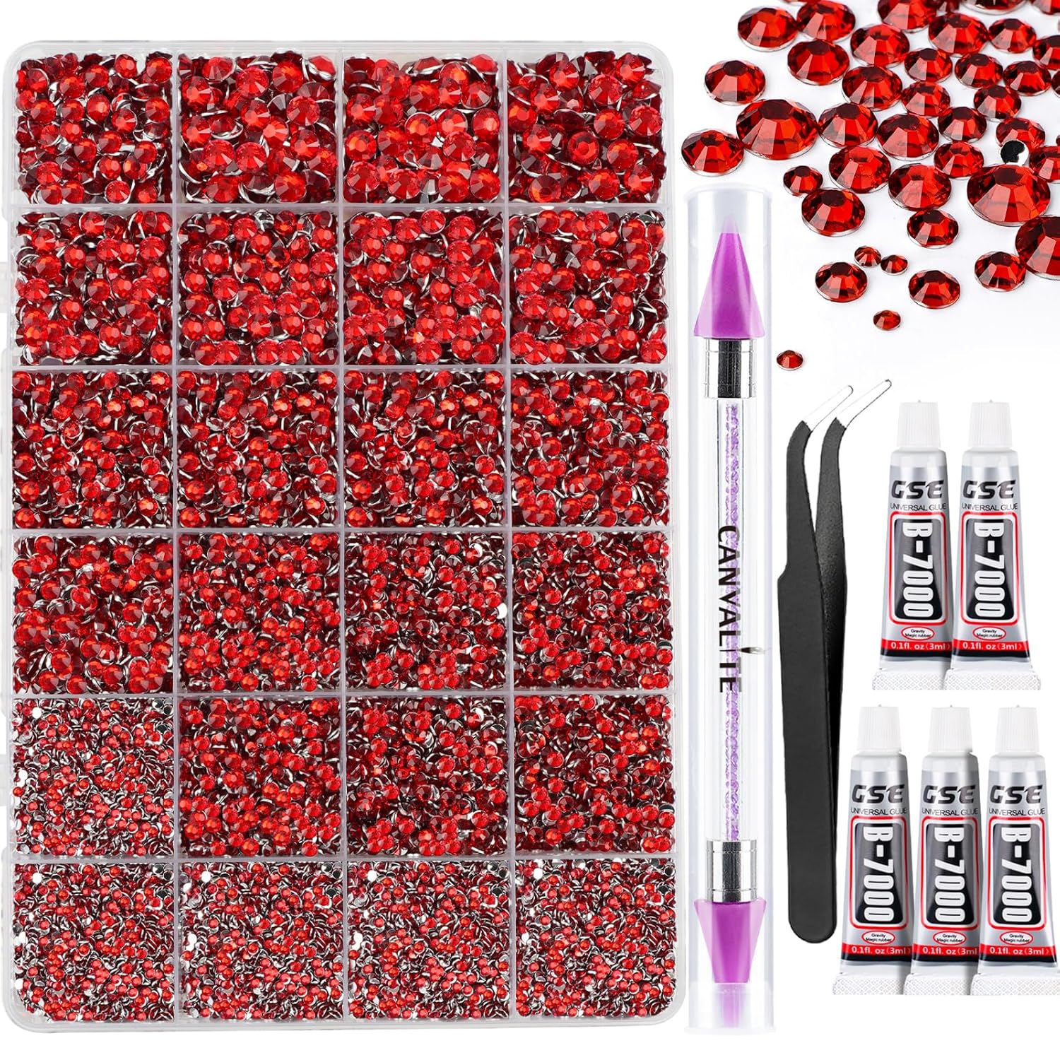 Canvalite 25000PCS Resin Jelly Rhinestones for Crafting,Red Flatback Gems, Bedazzling Crystal with 5Pcs 2.5g B7000 Jewelry Glue and Tweezers and Dotting Pen for DIY Crafts Clothing Shoes Nail Art-BrightBean Baby