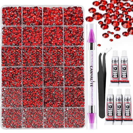 Canvalite 25000PCS Resin Jelly Rhinestones for Crafting,Red Flatback Gems, Bedazzling Crystal with 5Pcs 2.5g B7000 Jewelry Glue and Tweezers and Dotting Pen for DIY Crafts Clothing Shoes Nail Art-BrightBean Baby