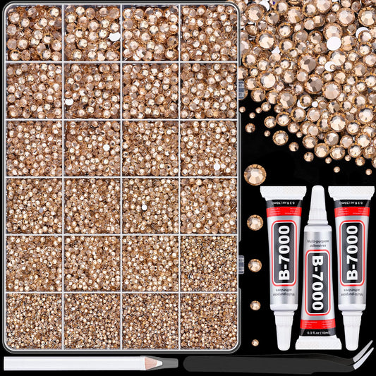 25000Pcs Resin Rhinestones with Tweezers for Crafting, Champagne 2-6mm Mixed Sizes Bedazzling Crystal with 3Pcs 10ml B7000 Jewelry Glue for DIY Crafts Clothing Tumblers Shoes Fabric Nail Art-BrightBean Baby