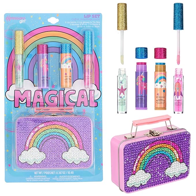 Expressions 5pc Rainbow Rhinestones Cosmetics Lip Kit For Kids w/Lip Glosses, Lip Balms & Tin Box Storage Case Magical Lip Set,Washable + Non Toxic-BrightBean Baby