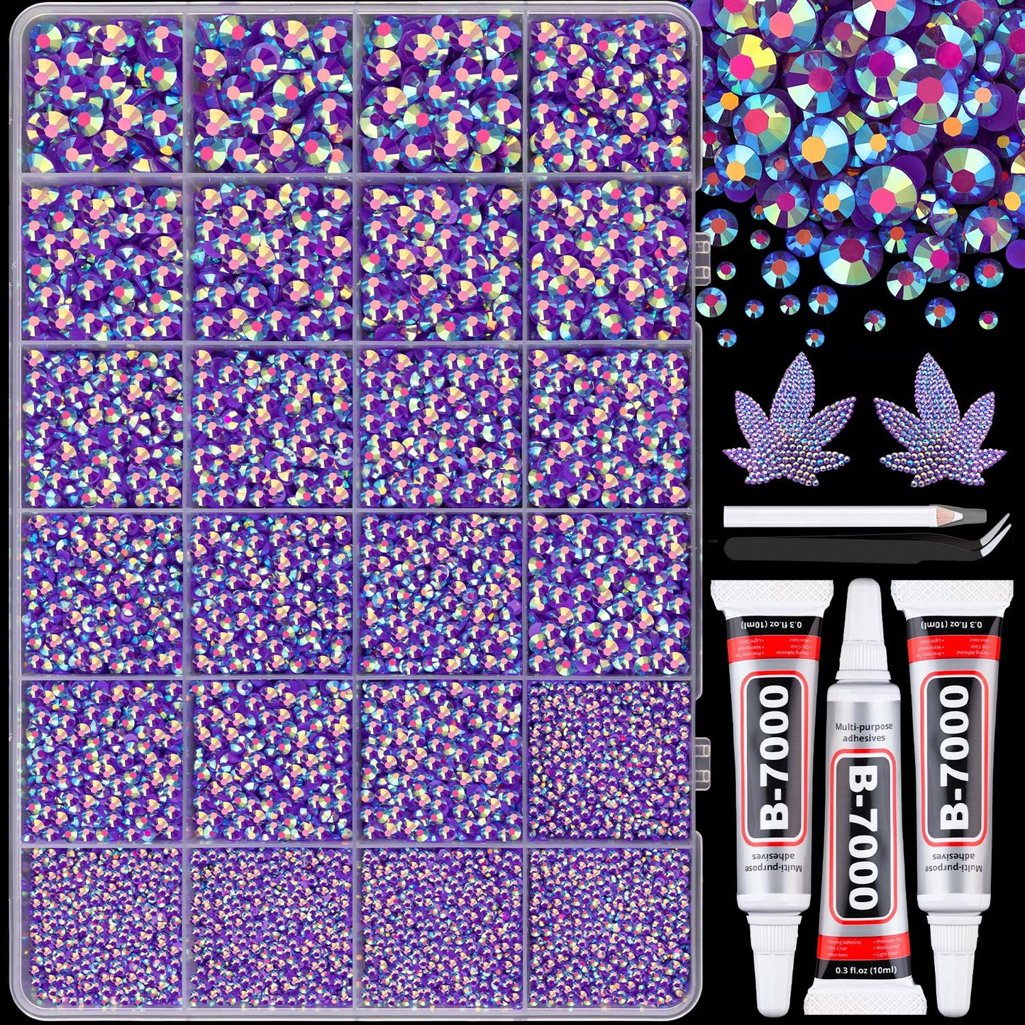25000Pcs Resin Rhinestones with B7000 Jewelry Glue for Crafting, Dark Purple AB 2-6mm Non Hotfix Flatback Gems, Bedazzling Crystal for DIY Crafts Clothing Tumblers Mugs Shoes Fabric Decor Nail Art-BrightBean Baby