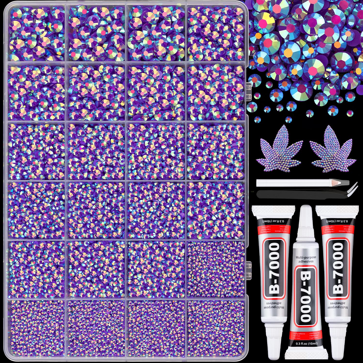 25000Pcs Resin Rhinestones with B7000 Jewelry Glue for Crafting, Dark Purple AB 2-6mm Non Hotfix Flatback Gems, Bedazzling Crystal for DIY Crafts Clothing Tumblers Mugs Shoes Fabric Decor Nail Art-BrightBean Baby