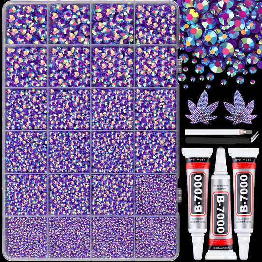 25000Pcs Resin Rhinestones with B7000 Jewelry Glue for Crafting, Dark Purple AB 2-6mm Non Hotfix Flatback Gems, Bedazzling Crystal for DIY Crafts Clothing Tumblers Mugs Shoes Fabric Decor Nail Art-BrightBean Baby