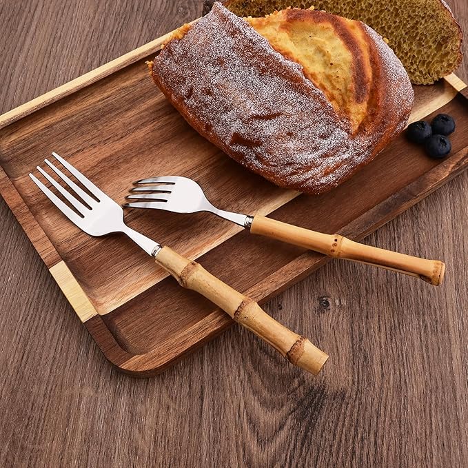 Dinner Fork Set, 8-Piece Natural Bamboo Forks, 18/8 Stainless Steel with Bamboo Handle, Silver Mirror Finish, Unique Design, 8.27 Inch