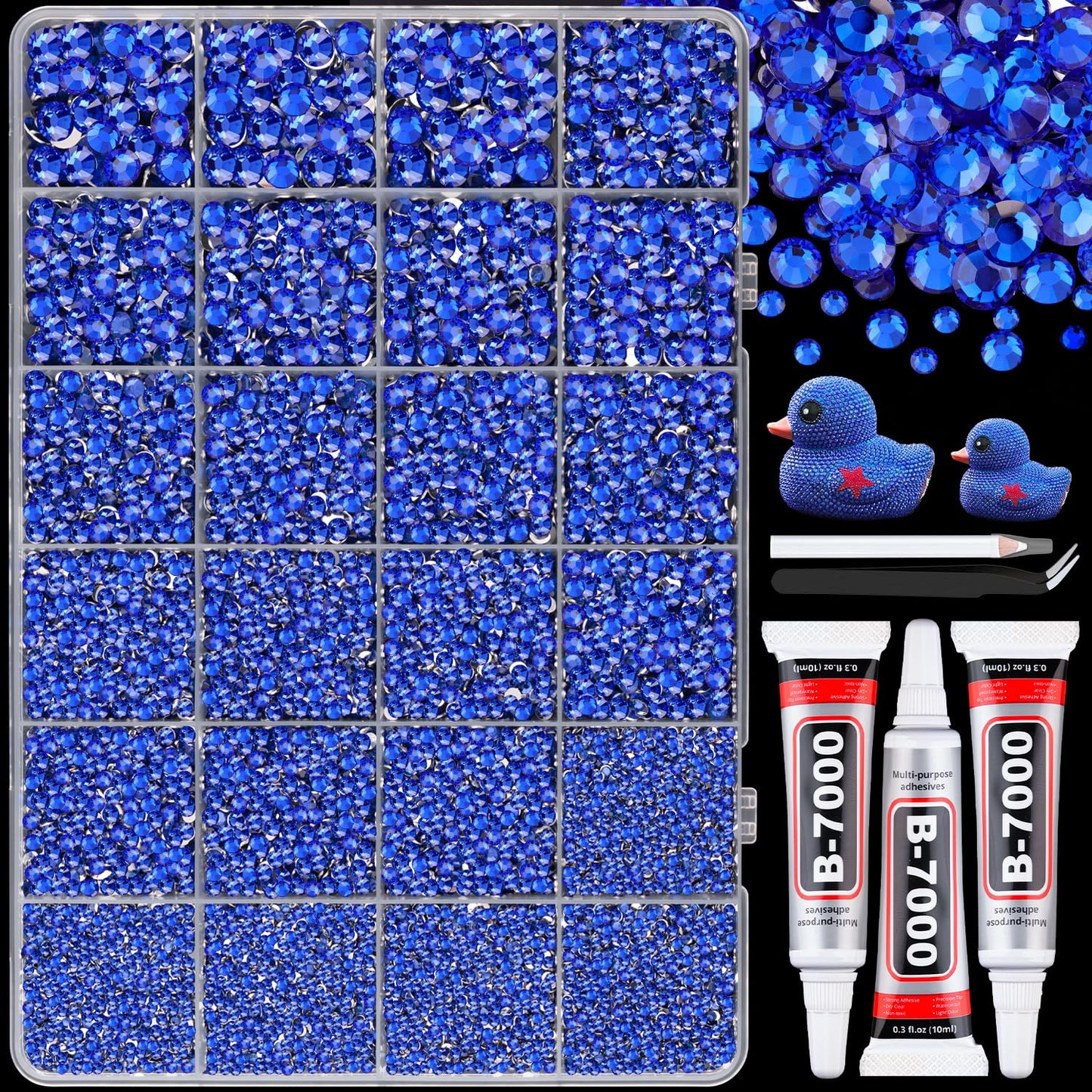 25000Pcs Resin Rhinestones with B7000 Jewelry Glue for Crafting, Royal Blue 2-6mm Non Hotfix Flatback Gems, Bedazzling Crystal for DIY Crafts Clothing Tumblers Mugs Shoes Fabric Decor Nail Art-BrightBean Baby