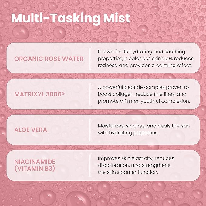 Rose Water Spray for Face with Matrixyl 3000 - Organic Rosewater Face Mist with Aloe Vera & Hyaluronic Acid - Hydrating, Reduces Fine Lines, Boosts Collagen Production, & Soothes Skin - 4 Fl Oz-BrightBean Baby