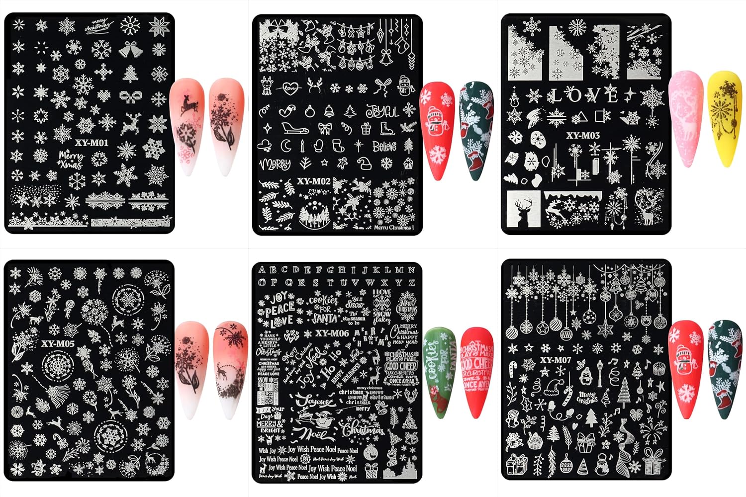 6Pcs Christmas Stamping Plates Set Winter Nail Stamp Kit Xmas Art Image Plates With Snowflakes Tree Bell Snowman Elk Designs DIY Stainless Steel Polish Template-BrightBean Baby
