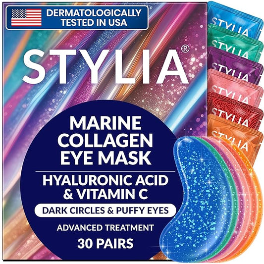 Stylia Under Eye Patches for Puffy Eyes and Dark Circles (30 Pairs) - Marine Collagen Under Eye Mask with Vitamin C, Hyaluronic Acid, Pearl Extract - Eye Masks for Dark Circles and Puffiness-BrightBean Baby