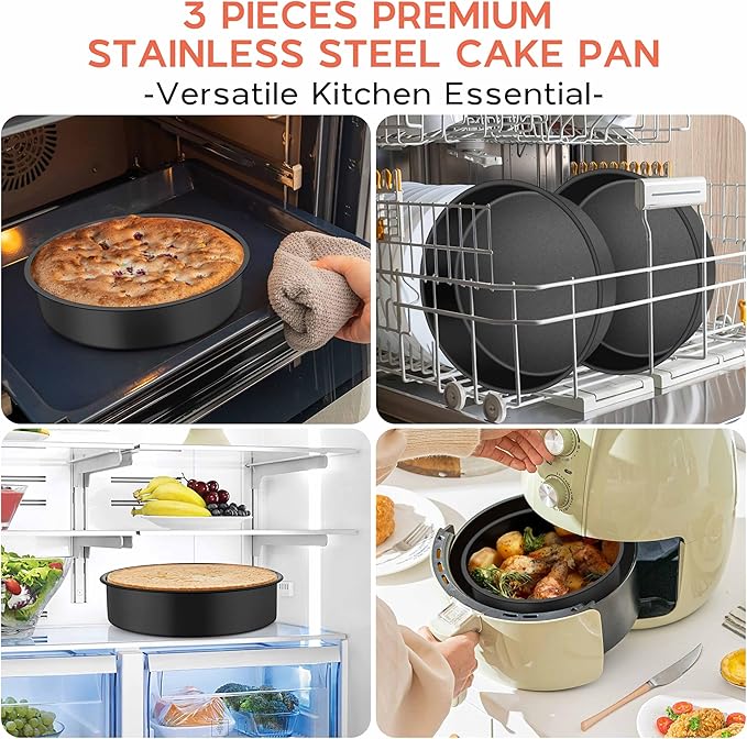 Onader 8 Inch Cake Pan, Stainless Steel Round Smash Cake Bake Pans Set of 3, Nonstick & Non Toxic Birthday Wedding Baking Tins