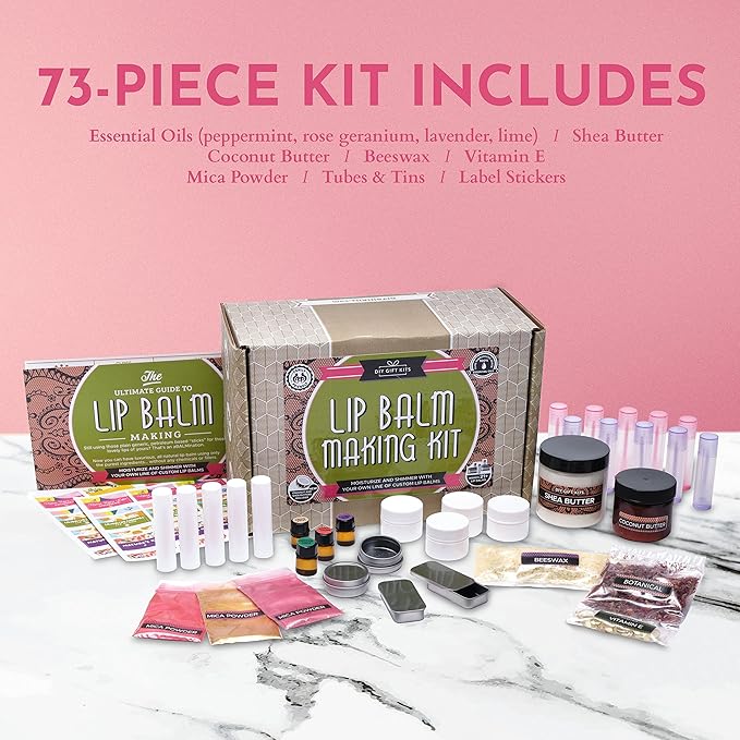DIY Gift Kits 73-Piece DIY Lip Balm Kit | Includes All Natural & Organic Essential Oils, Shea Butter, Filling Tray & More | Makes 23 Homemade Lip Balms | for Dry & Chapped Lips | for Kids & Adults-BrightBean Baby