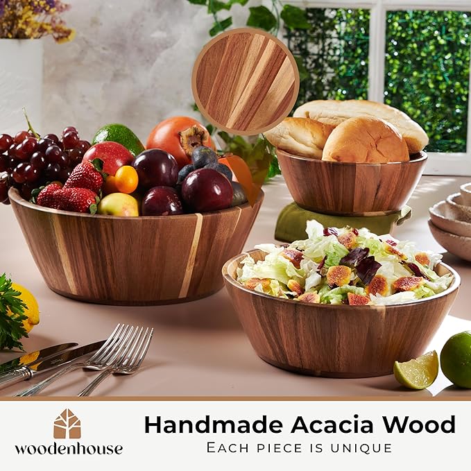Wooden Bowls, Wooden Salad Bowl Set of 3 - Round Design Large Salad Bowl Set for Serving, Handmade, Durable and Stylish Natural Wood Dining Accessory by Woodenhouse