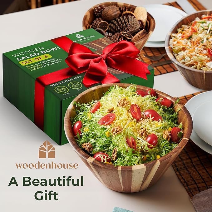 Wooden Salad Bowl Set, Salad Bowls Set of 3 - Wavy Design Salad Bowl Set for Serving, Handmade, Durable and Stylish Natural Wood Dining Accessory by Woodenhouse