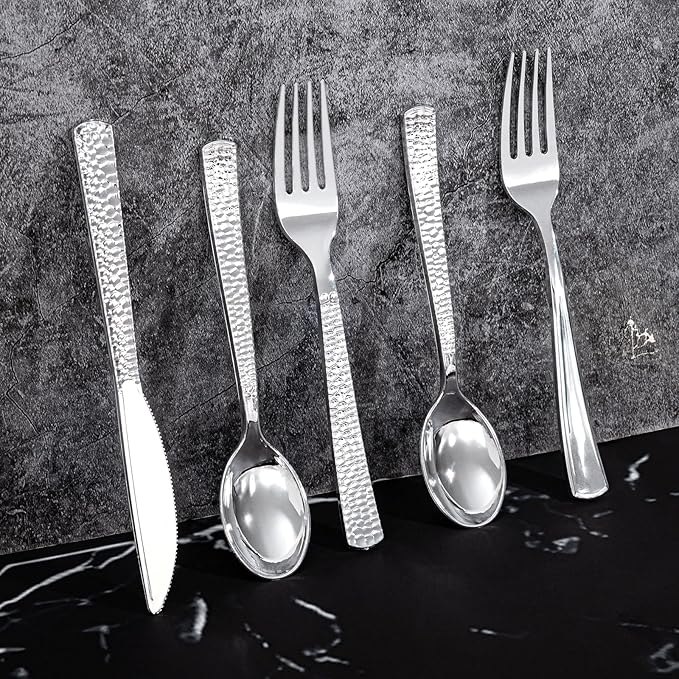 300Pieces Silver Plastic Silverware - Hammered Disposable Utensils - Heavy Duty Plastic Cutlery Set Includes 100 Forks, 100 Spoons, 100 Knives for Dinner Parties Weddings