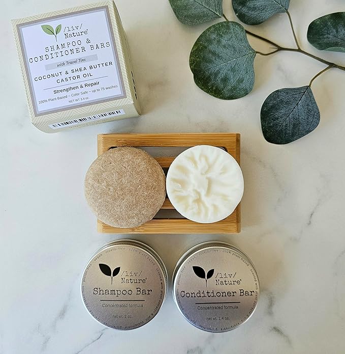 Shampoo Bar and Conditioner Set with Travel Case | Strengthen and Repair Dry Hair | Coconut, Castor Oil, Shea Butter | Made in USA | 2-pk-BrightBean Baby