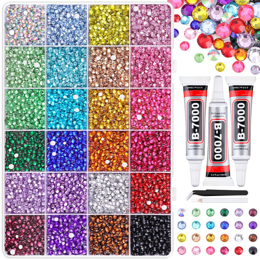 22000Pcs Resin Rhinestones for Bedazzling with Tweezers, Multicolor 2/3/4mm Rhinestones for Crafting with 3Pcs 10ml B7000 Jewelry Glue for DIY Crafts Clothing Tumblers Shoes Fabric Nail Art-BrightBean Baby