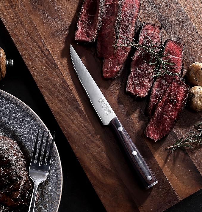 Steak Knife Set of 6 with Gift Box - Ergonomic Grip Black Wooden Handle, Highly Resistant & Durable German Stainless Steel, Serrated Edge - 4.8''Dinner Knife Set Non Straight