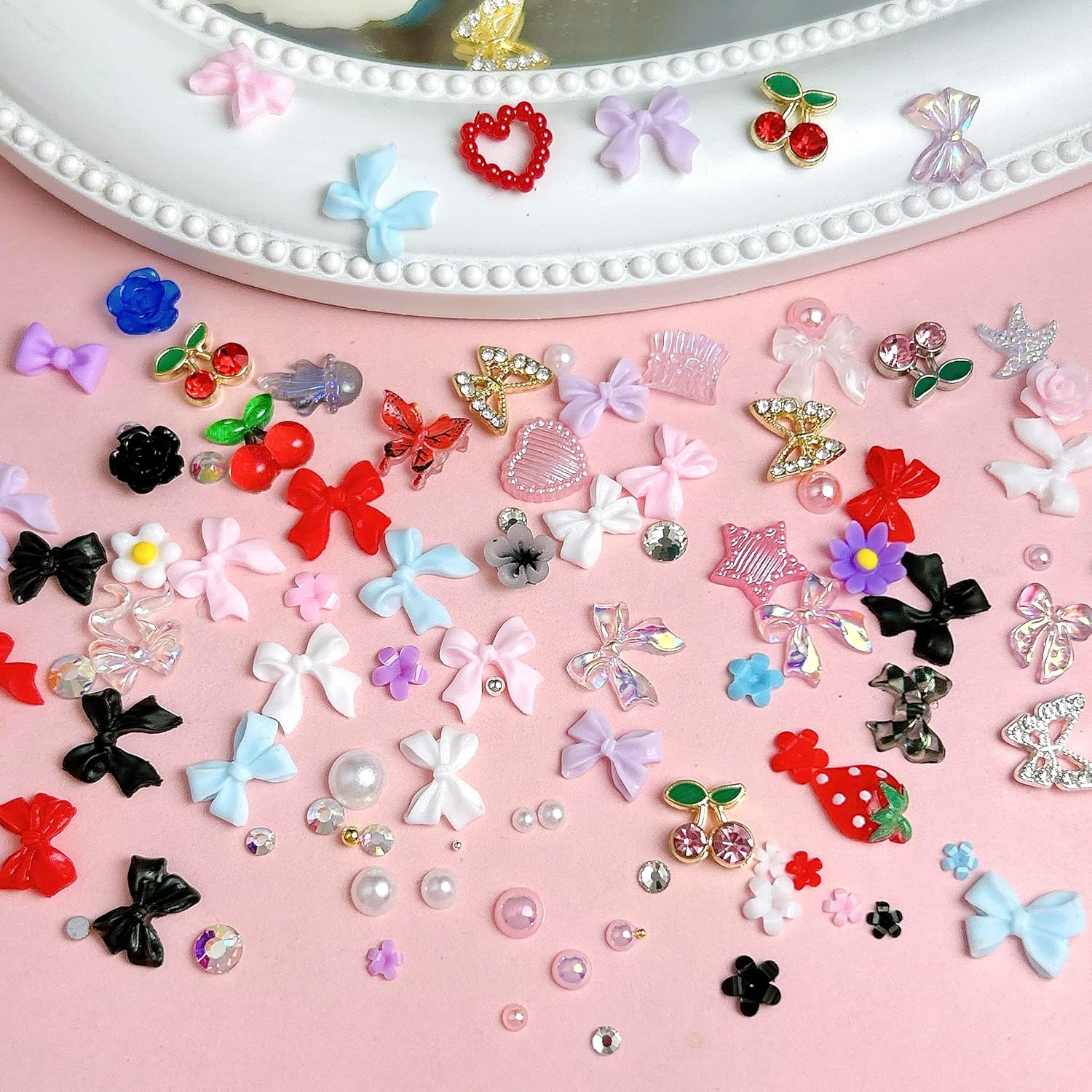 3D Flowers Nail Charms Y2K Kit, Metal Butterfly Cherry Colorful Bow Charms for Nails Art Gems, White and Pink Bows Pearls Charms for Nail Manicure DIY Crafts Jewelry Accessories-BrightBean Baby