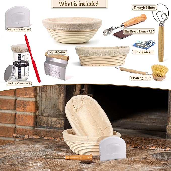 Sourdough Bread Baking Supplies Starter Kit, Banneton Proofing Basket 9'' Round and 10” Oval, Sourdough Starter Jar, Scraper, Scoring Lame, Brush, Short Danish Whisk, Gift Set