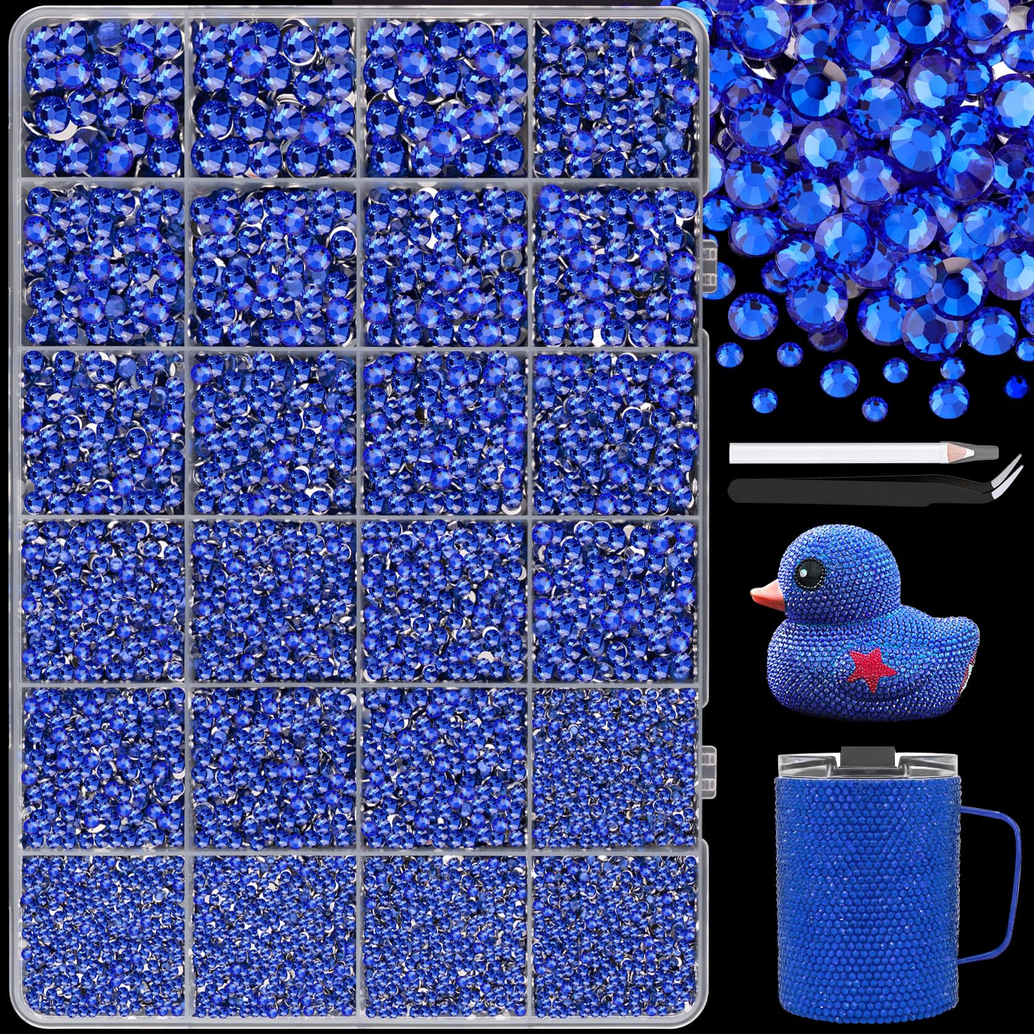 25000Pcs Resin Rhinestones with Tweezers for Crafting, 2-6mm Mixed Sizes (Royal Blue) Non Hotfix Flatback Gems, Bedazzling Crystal for DIY Crafts Clothing Tumblers Mugs Shoes Decor Nail Art-BrightBean Baby
