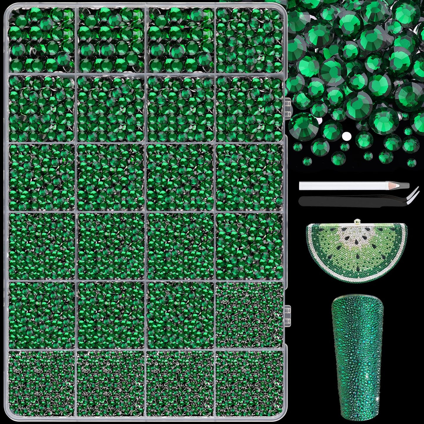25000Pcs Resin Jelly Rhinestones with Tweezers for Crafting, 2-6mm Mixed Sizes (Dark Green) Non Hotfix Flatback Gems, Bedazzling Crystal for DIY Crafts Clothing Tumblers Mugs Shoes Decor Nail Art-BrightBean Baby