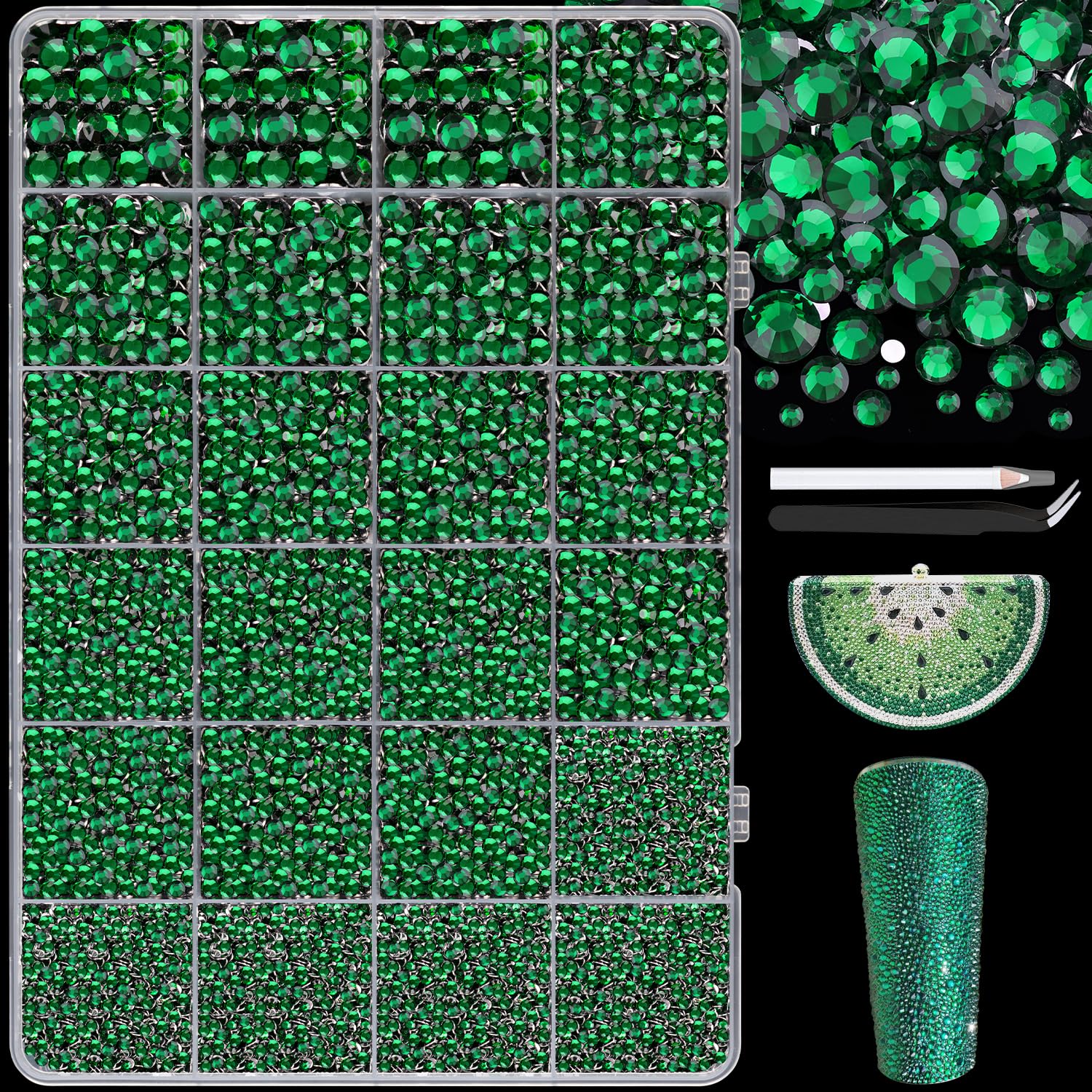 25000Pcs Resin Jelly Rhinestones with Tweezers for Crafting, 2-6mm Mixed Sizes (Dark Green) Non Hotfix Flatback Gems, Bedazzling Crystal for DIY Crafts Clothing Tumblers Mugs Shoes Decor Nail Art-BrightBean Baby