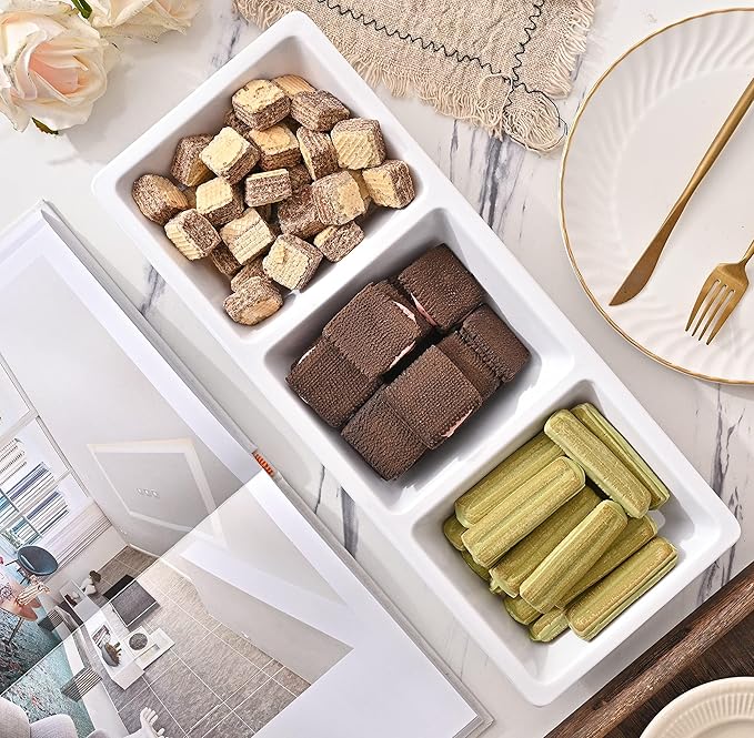 Blue Boat Divided Melamine Serving Platter Set of 3, Stackable, Easy to Clean, Dishwasher Safe, Housewarming Gift, All Seasons, Appetizer, Snack, Fruit, Cheese, Charcuterie (3, 14.5“ x 4.9“)