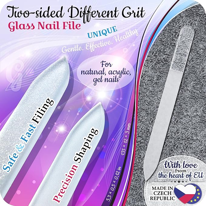 Genuine Czech Glass Nail File Set by GLADZY - Callus Remover Foot Rasp, Cuticle Pusher Manicure Stick, Double Sided Etched Different Grit Surface, Professional Nail Care Tool Kit, Made in EU-BrightBean Baby