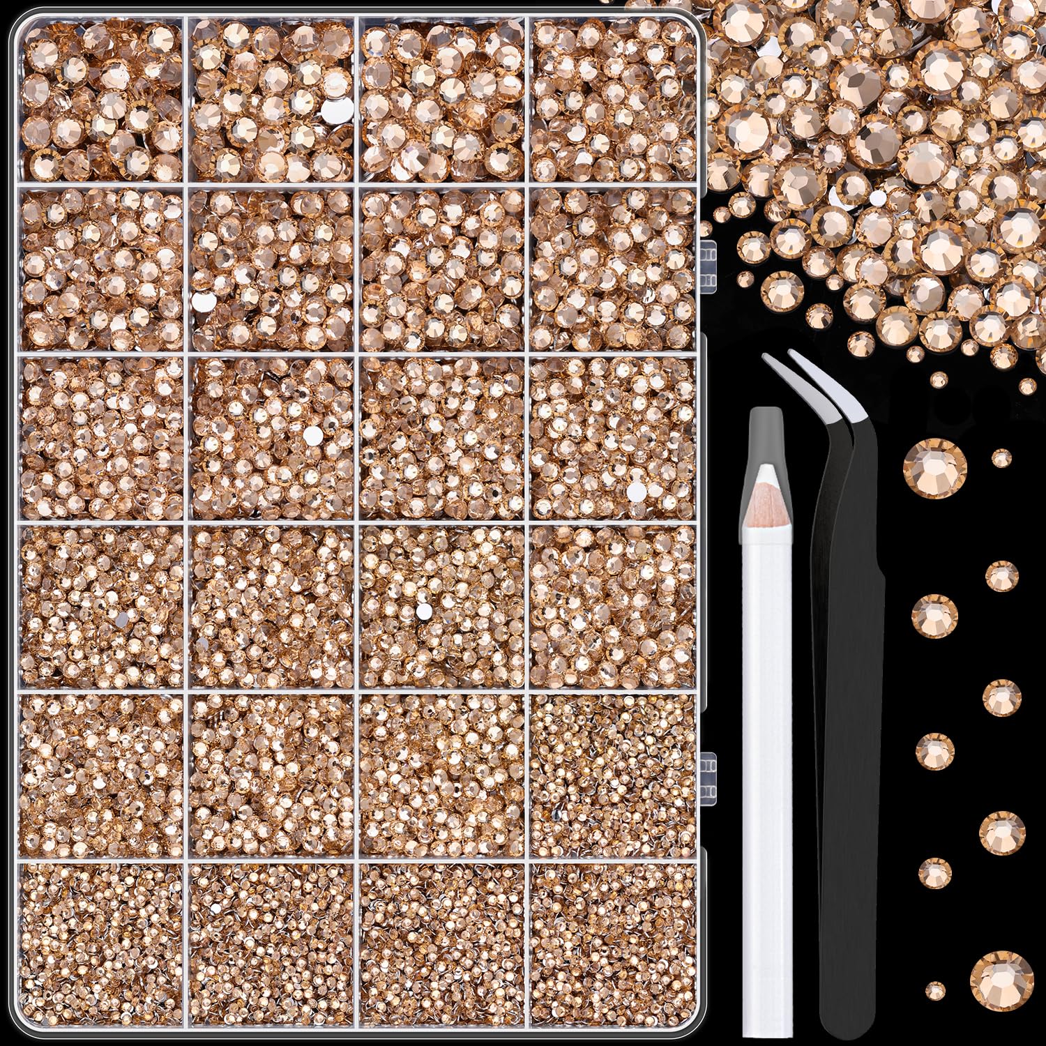 25000Pcs Resin Rhinestones with Tweezers for Crafting, Champagne 2-6mm Mixed Sizes Non Hotfix Flatback Gems, Bedazzling Crystal for DIY Craft Clothing Mugs Tumblers Shoes Fabric Decor Nail Art-BrightBean Baby