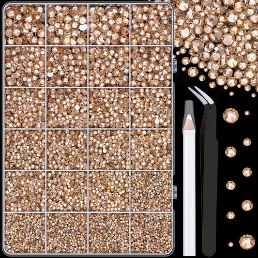 25000Pcs Resin Rhinestones with Tweezers for Crafting, Champagne 2-6mm Mixed Sizes Non Hotfix Flatback Gems, Bedazzling Crystal for DIY Craft Clothing Mugs Tumblers Shoes Fabric Decor Nail Art-BrightBean Baby