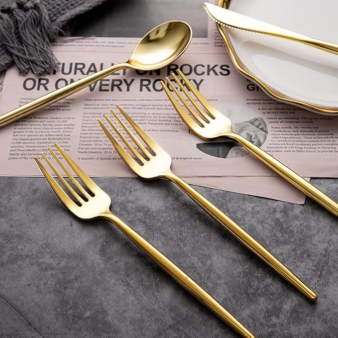 LIYH 102 Pcs Gold Plastic Silverware Disposable, Plastic Gold Utensils Heavyduty - Disposable Cutlery Includes Knives Forks and Spoons for Party, Birthday,Wedding Events