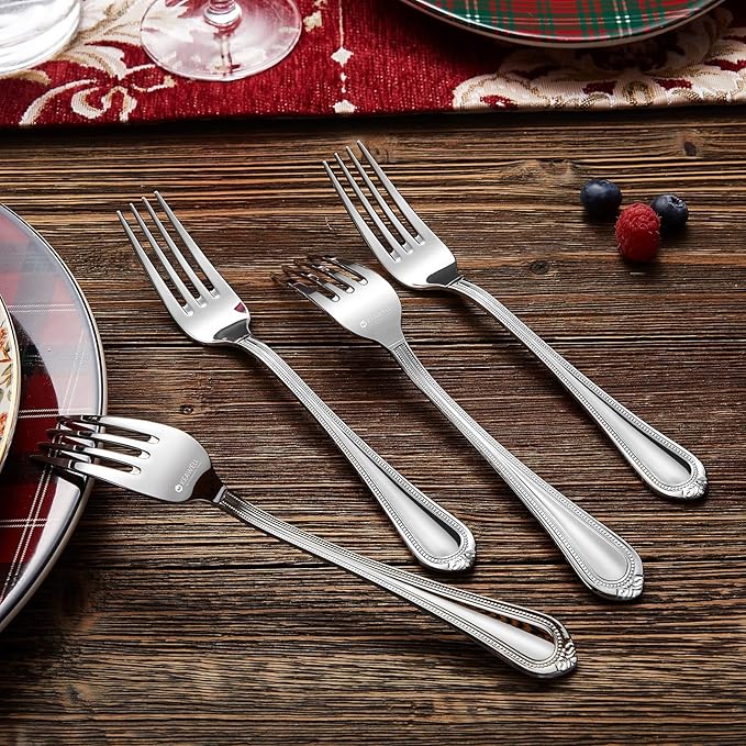 KEAWELL Pearl Edge 4-Piece Premium Fork Set, 18/10 Stainless Steel, Fine Silverware with Mirror Finish, Dishwasher Safe (4, 8" Dinner Forks)