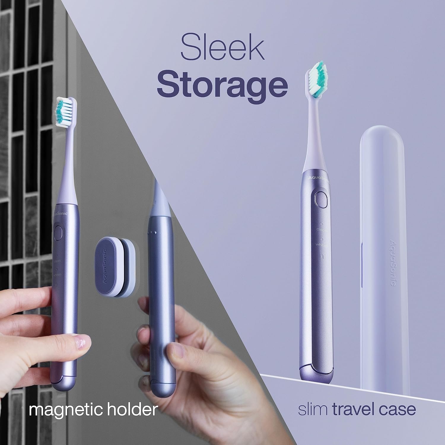 Aquasonic Icon ADA-Accepted Rechargeable Toothbrush | Magnetic Holder & Slim Travel Case | 2 Brushing Modes & Smart Timers | Gentle Micro-Vibrations (Lilac)-BrightBean Baby