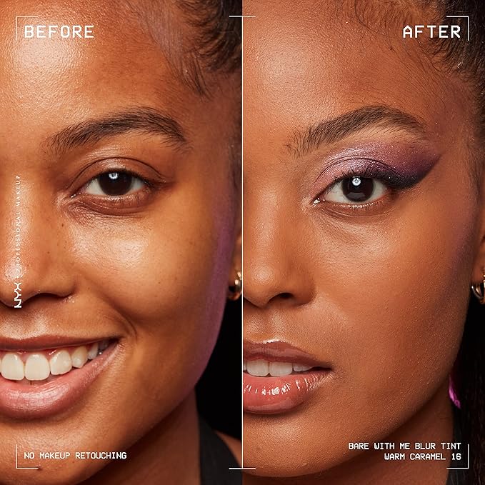 NYX PROFESSIONAL MAKEUP Bare With Me Blur Skin Tint Foundation Make Up with Matcha, Glycerin & Niacinamide - Warm Caramel-BrightBean Baby