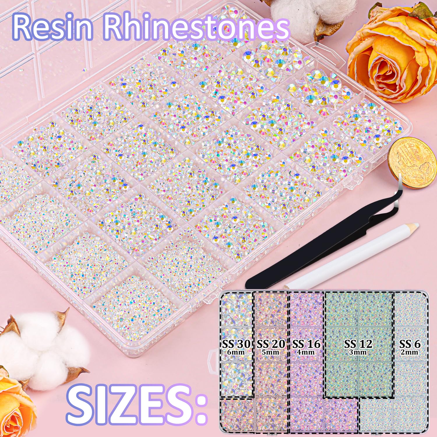 30000Pcs Resin Jelly Rhinestones with Tweezers for Crafting, Transparent AB Flatback Gems, Bedazzling Crystal with 3Pcs 10ml B7000 Jewelry Glue for DIY Crafts Clothing Tumblers Shoes Fabric Nail Art-BrightBean Baby