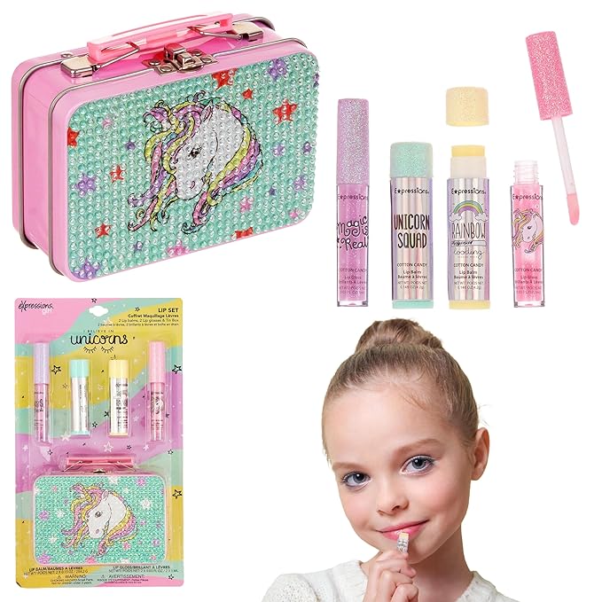 Expressions 5pc Cosmetics Lip Kit For Kids w/Lip Glosses, Lip Balms & Tin Box Storage Case I Believe in Unicorns Rhinestone,Washable + Non Toxic-BrightBean Baby