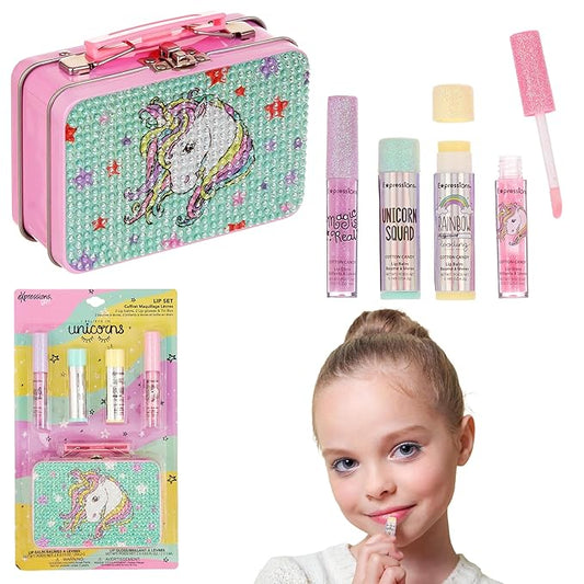 Expressions 5pc Cosmetics Lip Kit For Kids w/Lip Glosses, Lip Balms & Tin Box Storage Case I Believe in Unicorns Rhinestone,Washable + Non Toxic-BrightBean Baby