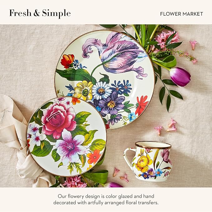 MACKENZIE-CHILDS Enamel Salad and Dessert Plate, Small Plate for a Dessert or Appetizer Dish, 8 Inches, Set of 4, White Flower Market